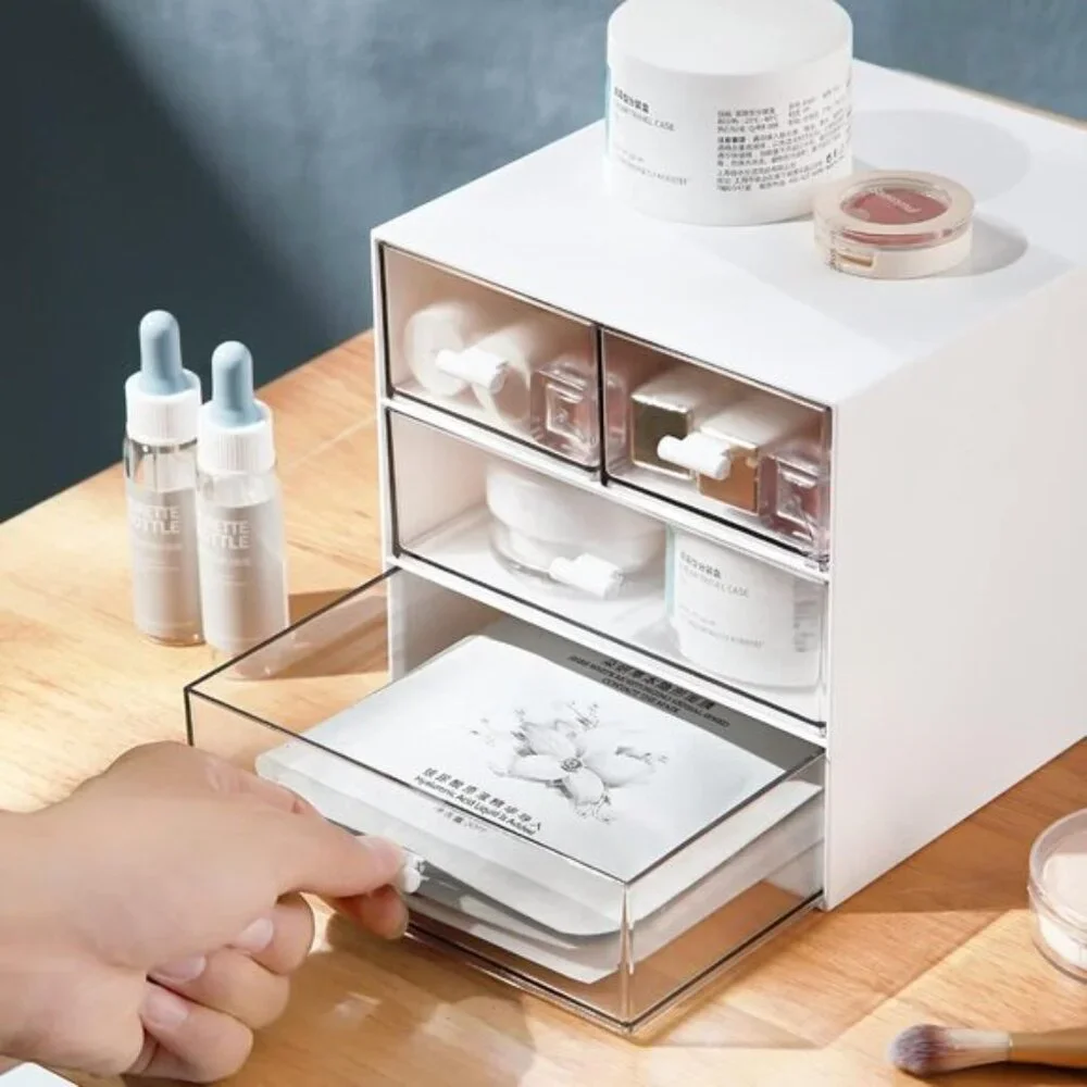 New White Makeup Organizer, Desk Storage Box with 4 Drawers for Vanity & Home